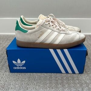Adidas Gazelles - Women’s 10.5 - Wonder White/Cream White/Gum with Green accents